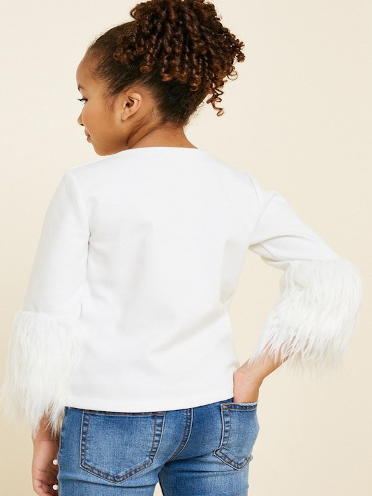 Girls Fur Sleeve Top in Off White