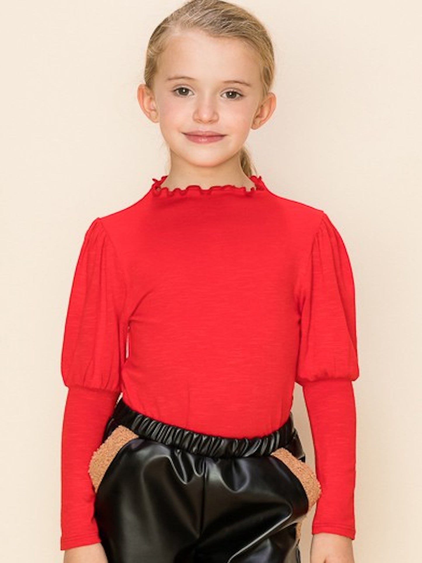 Girls Puff Sleeve Top-Red