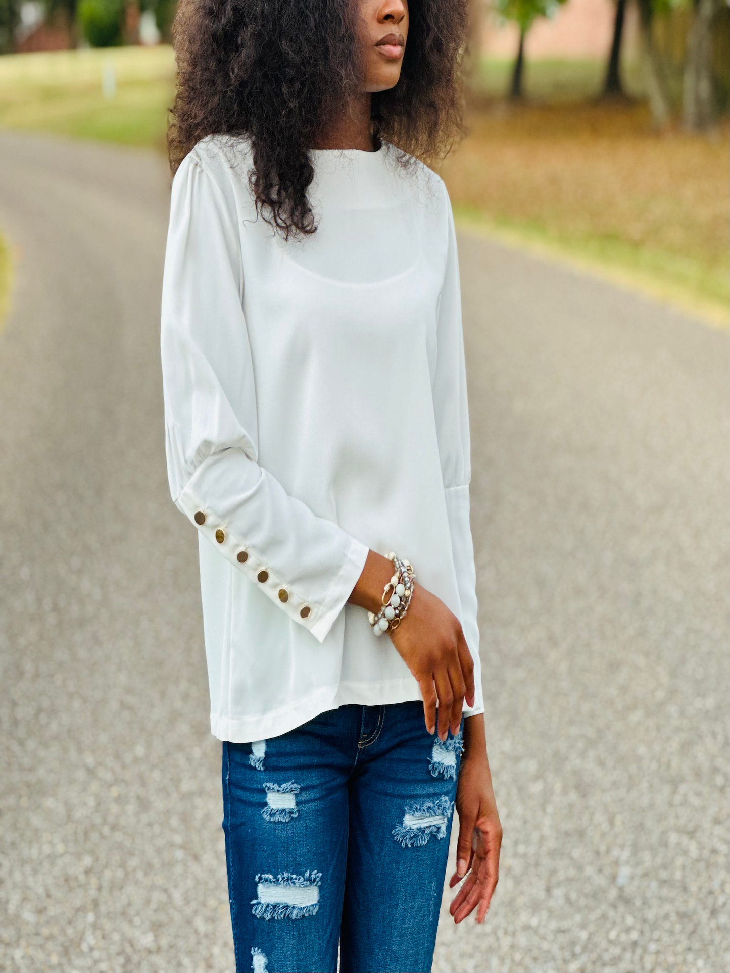 Gold Button Blouse in White