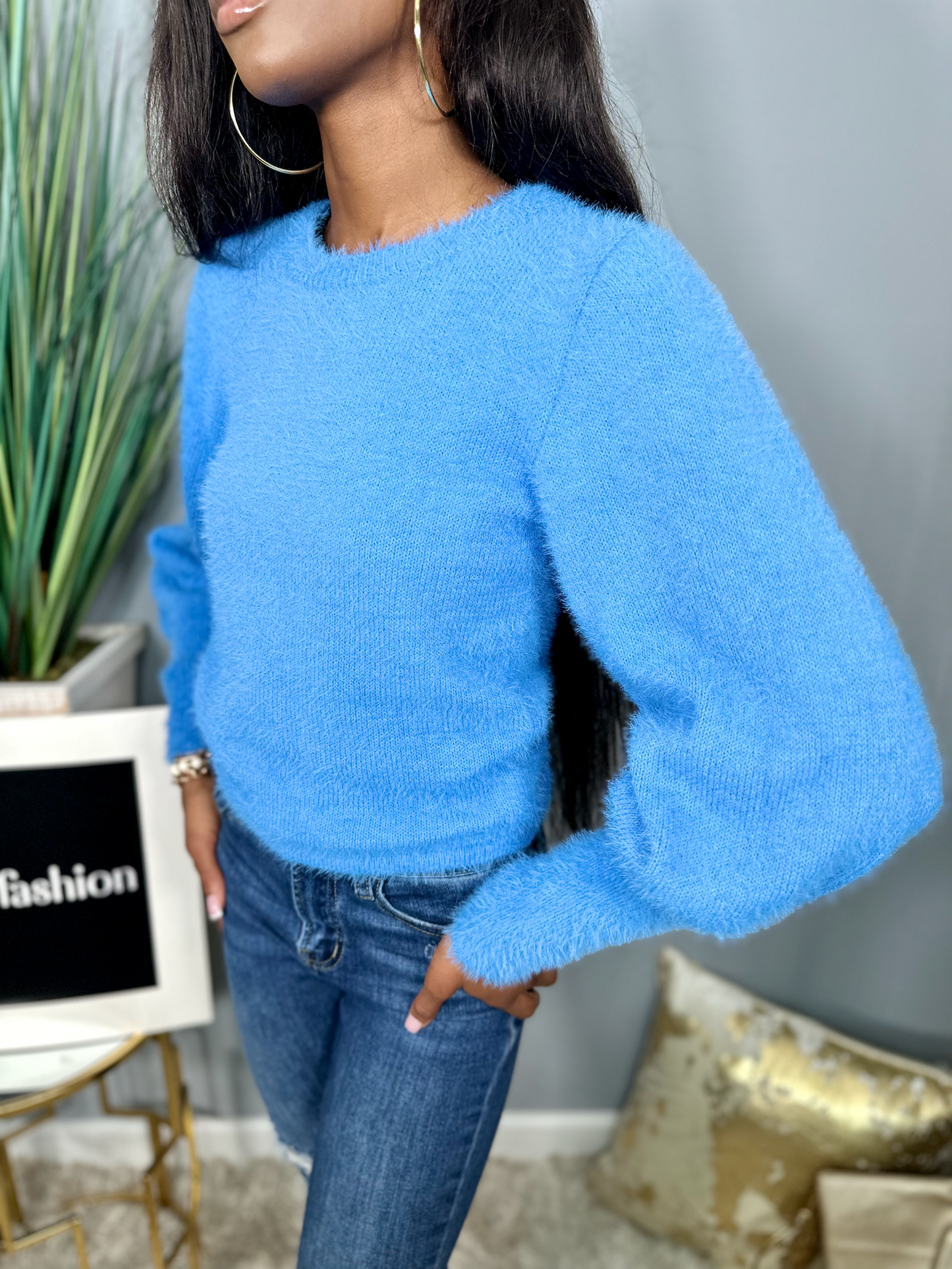 Balloon Sleeve Sweater-Blue