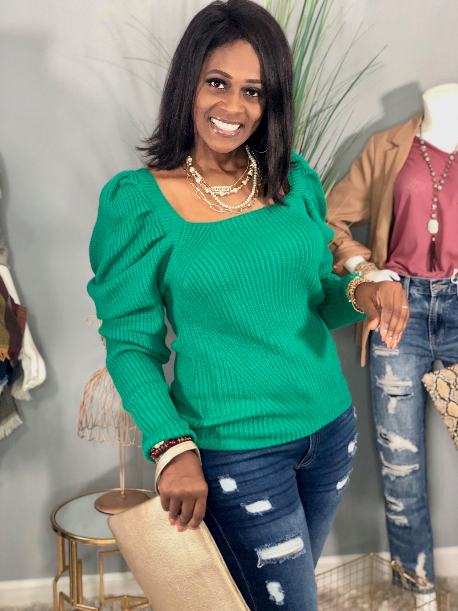 Green puff 2024 sleeve sweater