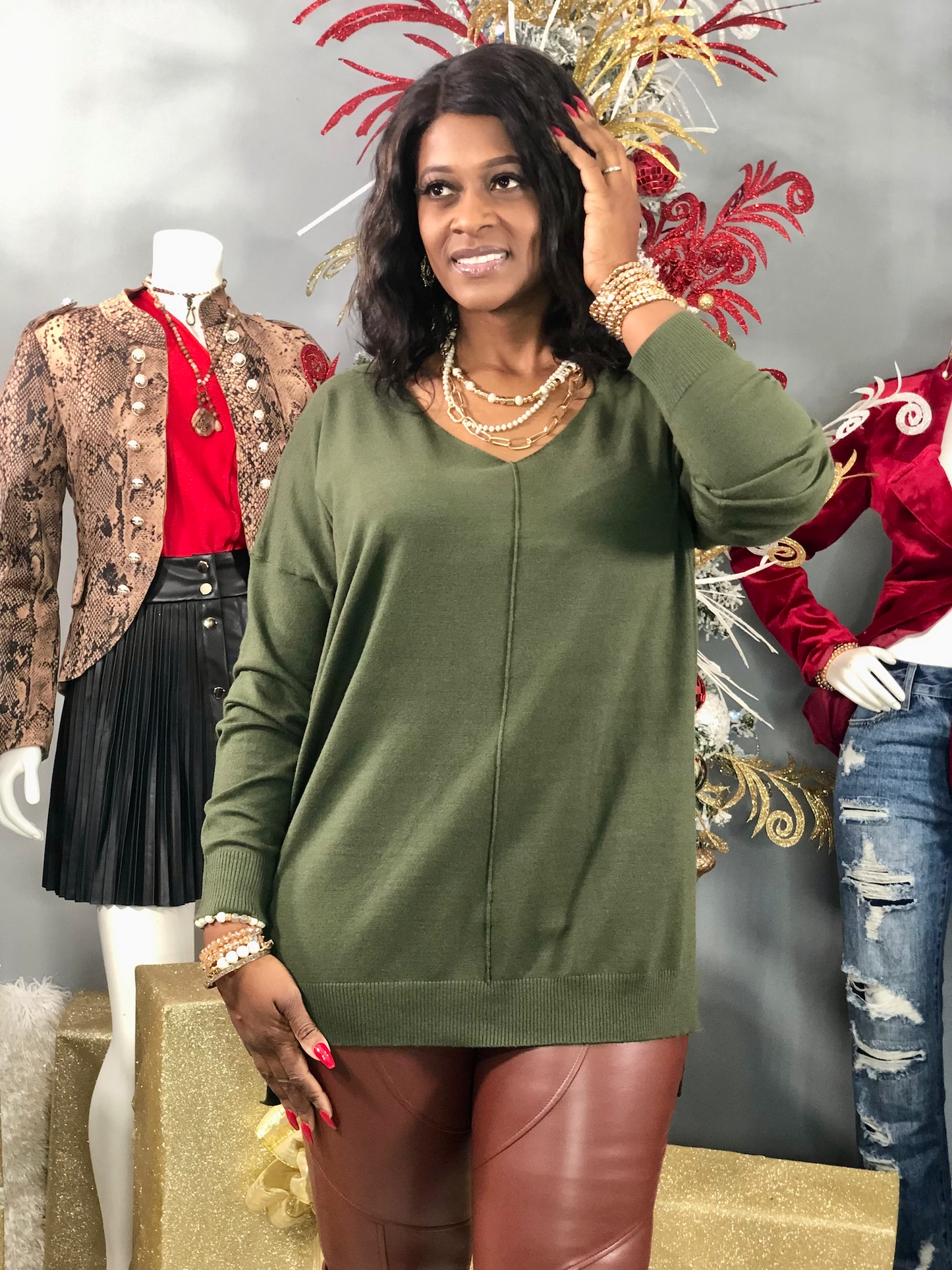 CURVY Girl Knit Sweater-Olive
